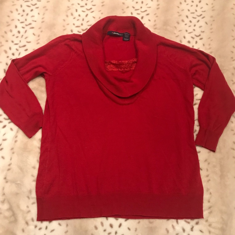 Denim 24/7 Large red cowl neck with lace at bust